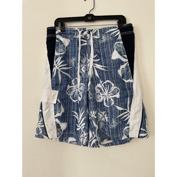OP Swim Trunks Shorts Men's Medium Multi Floral Mesh Lined Flat Front Drawstring - Picture 1 of 4